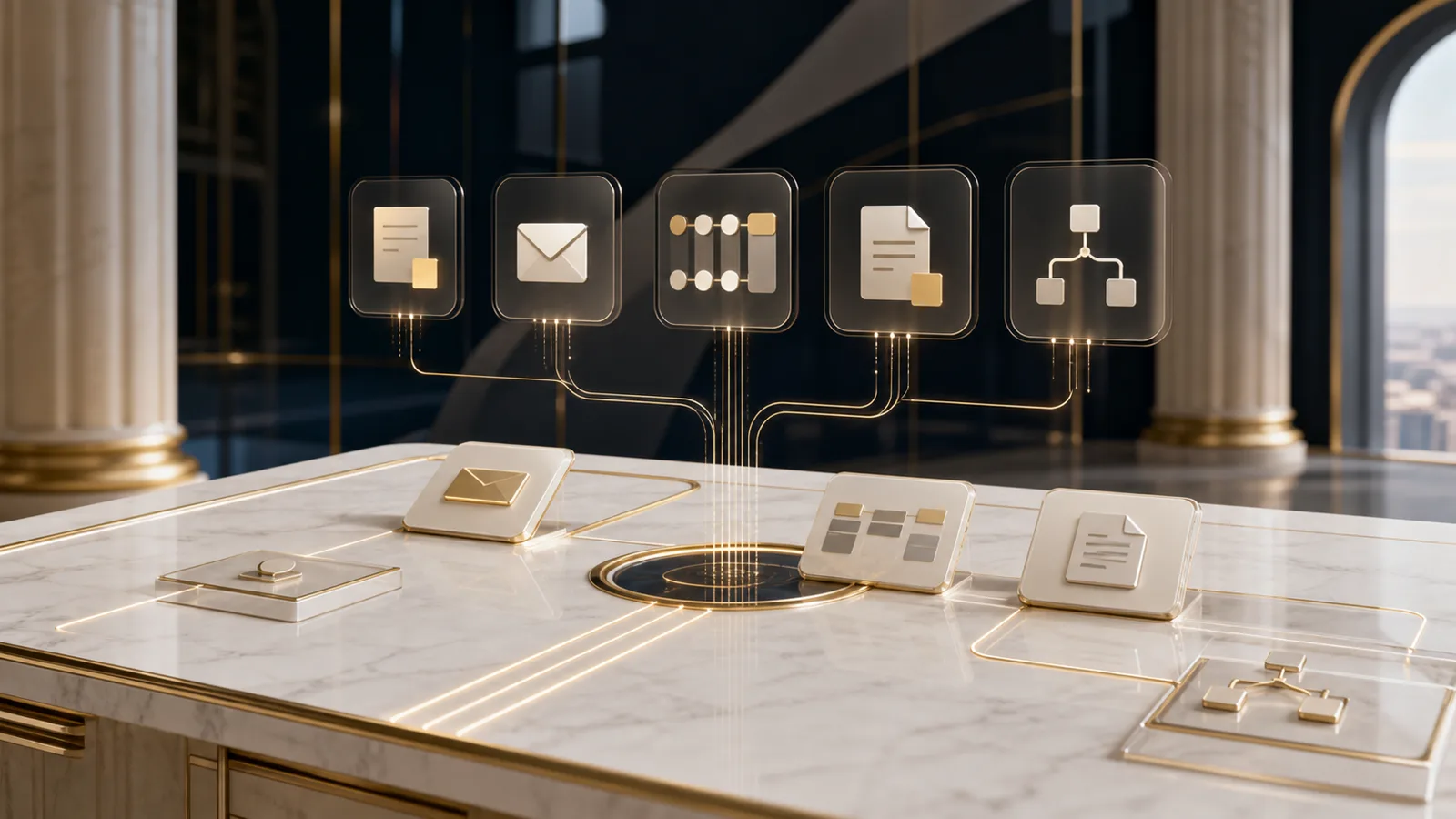AI operating system app-flow visual with connected business tools