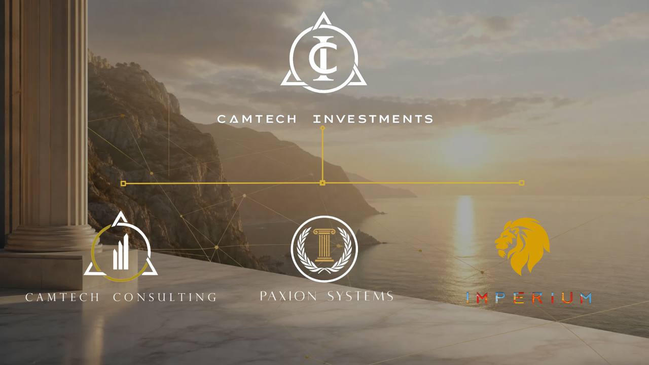 CamTech Investments umbrella organization chart showing CamTech Consulting, Paxion Systems, and Imperium divisions